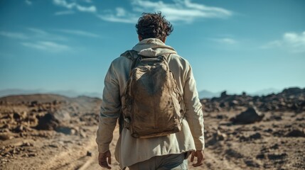This striking image depicts a solitary man walking through a breathtaking desert landscape, symbolizing the spirit of adventure, independence, and exploring the unknown in vast terrains.