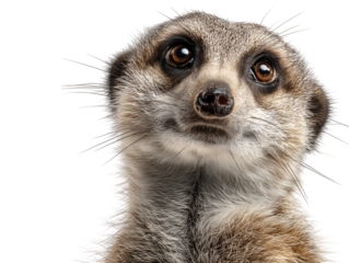 A close-up portrait of a meerkat, its dark eyes gazing inquisitively upward