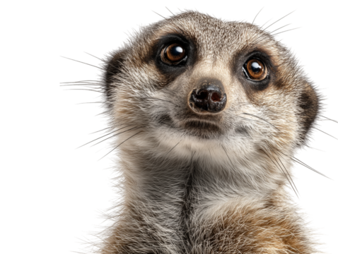 A close-up portrait of a meerkat, its dark eyes gazing inquisitively upward