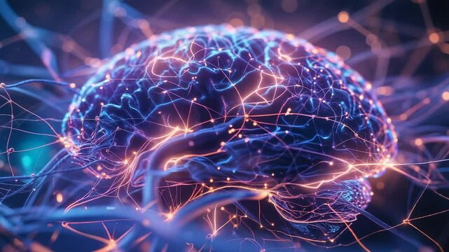 Fading in 3D brain model pulsing neural filaments in dark void, with glowing electrical pulses