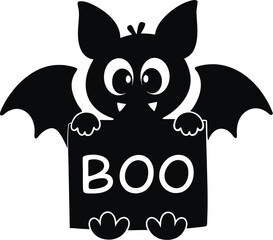 Obraz premium A cartoonish black silhouette of a bat with large eyes and a friendly expression holds a sign that says 