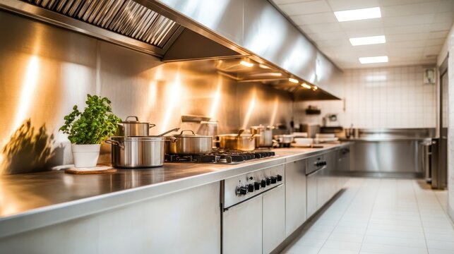 A pristine and well-organized restaurant kitchen showcases stainless steel appliances and pots, emphasizing the professional atmosphere essential for culinary creativity.