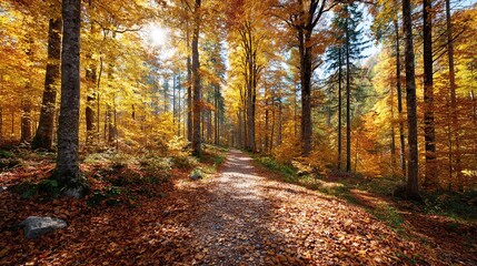 Obraz premium Scenic forest path with golden autumn leaves and sunlight streaming through tall trees in peaceful nature