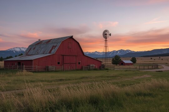 Red barn glowing under a colorful sunset sky with a classic windmill nearby.
