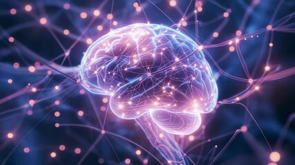 Initiating glowing lines, brain model receiving pulses in neural network, simulating neural firing - Powered by Adobe