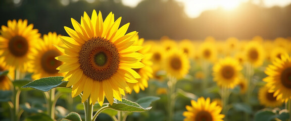 Fototapeta premium A Golden Sunflower Field Bathed in Summer Sunset Glow, Full of Life and Vitality