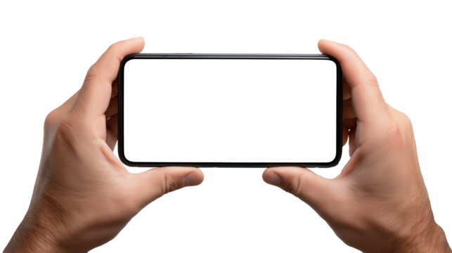 Two hands holding smartphones in landscape mode isolated on transparent background. Technology concept