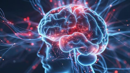 Starting 3D brain model in digital head rotating in virtual space simulating neural activity - Powered by Adobe