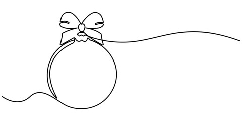 Continuous one line drawing of Christmas ball, single line art element, Holiday greeting card Christmas ball, minimalist sketch line vector illustration, Christmas winter new year concept.