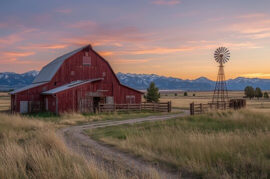 Red barn silhouetted against a vibrant sunset with a windmill in the scene.
- Powered by Adobe
