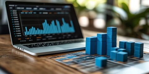 Detailed workspace scene with laptop showing blue bar