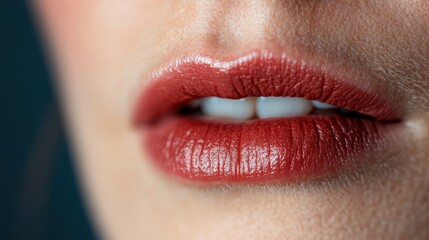 Fototapeta premium An artistic close-up featuring full, glossy lips with rich color, emphasizing beauty, confidence, and aesthetic charm in fashion or beauty photography.