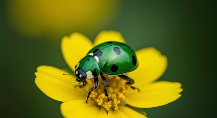 Fototapeta premium A mesmerizing shot: Green ladybug with black spots resting on a radiant yellow flower