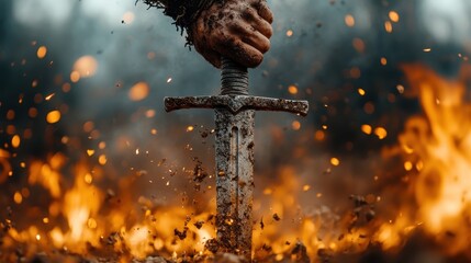 A powerful image of a hand gripping a sword amidst swirling flames, symbolizing strength and courage, capturing the essence of valor in a dramatic and intense atmosphere.