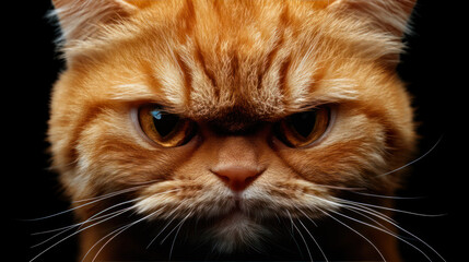 Close-up of an angry ginger cat's face.  Intense,  fierce gaze.  Feline,  wrinkled,  focused.  Orange fur. Dark background