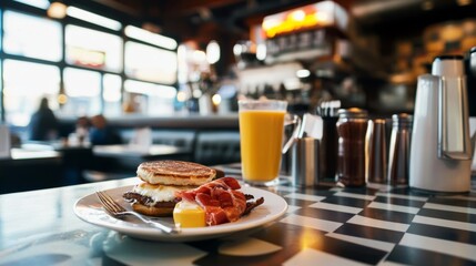 Classic breakfast on a diner counter, checkered floor background