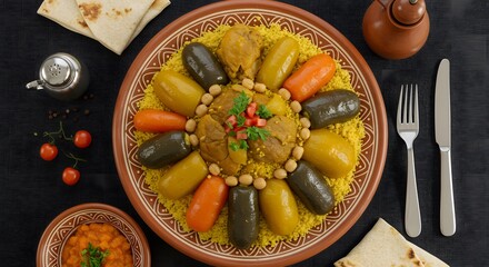 Top view of couscous royale with lamb, chicken, and vegetables, served in a large traditional ceramic plate, arranged using rule of thirds 1