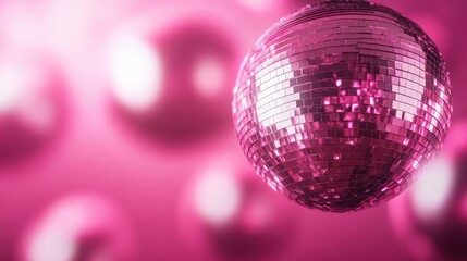 A sparkling pink disco ball hangs in a vibrant atmosphere, capturing reflections of light and color, symbolizing joy and celebration in a festive setting.