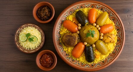Top view of couscous royale with lamb, chicken, and vegetables, served in a large traditional ceramic plate, arranged using rule of thirds 4