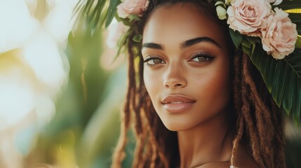 A stunning woman adorned with a floral crown gazes at the camera, exuding natural beauty and elegance amidst a lush tropical backdrop.