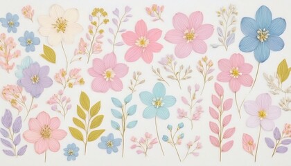 pastel floral pattern with delicate paper textured flowers and leaves in pink, blue, lavender, and gold tones for stationery, fabric print, or branding design

