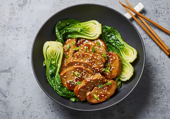 Teriyaki Pork Tenderloin with Bok Choy in a Black Bowl Top View