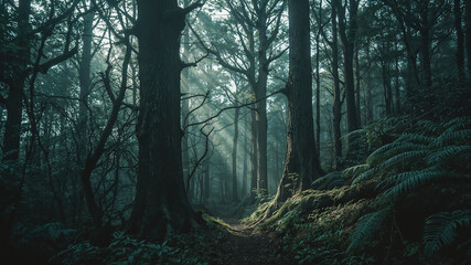 Obraz premium Sunbeams filtering through fog in mysterious forest path