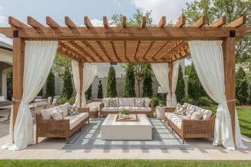 A stylish outdoor patio with comfortable furniture and white curtains under blue sky.

