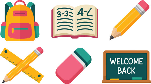 Back to school icon pack with backpack notebook pencils eraser chalkboard and math book in clean layout  
