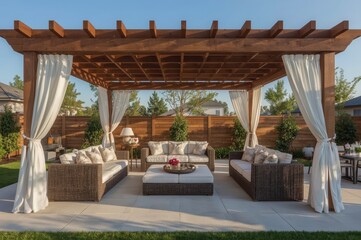A beautiful patio setup with comfortable furniture and draped curtains in daylight.

