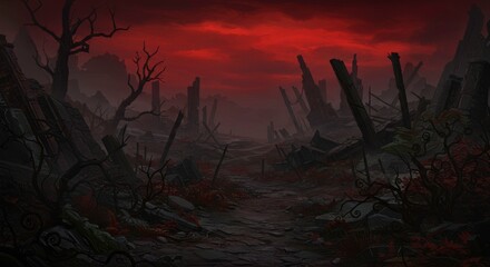 Apocalyptic wasteland with ruins and dark atmosphere evoking destruction and despair