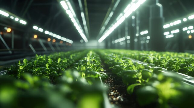 Rows of Green Plants Grow Under Artificial Lights in Greenhouse