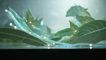 Emerging fluid tube weaving through green leaves in studio setup, pulsing particles showing veins - Powered by Adobe