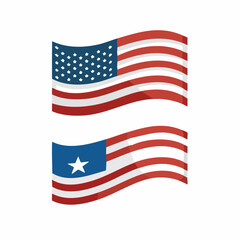Fototapeta premium Two waving vector American flags with stars and stripes on a white background