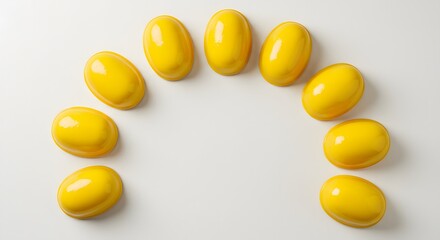 Quindim yellow custards aligned in a semi-circle, minimalist flat lay with rule of thirds spacing 2