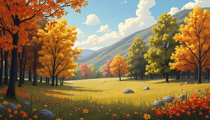 Obraz premium Autumnal landscape with trees and mountains in the background view