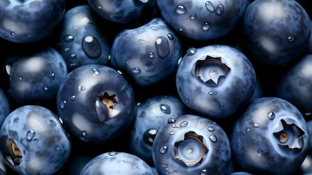 Heap of blueberry with water drops, berry background, slow rotation