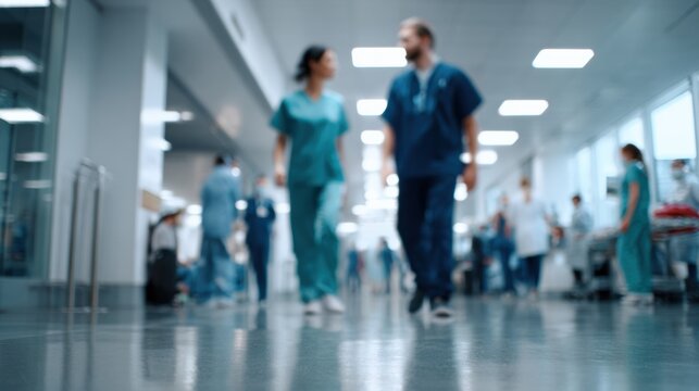 Busy hospital interior with healthcare professionals walking through corridor, showcasing dynamic environment filled with activity and care. blurred background emphasizes focus on staff