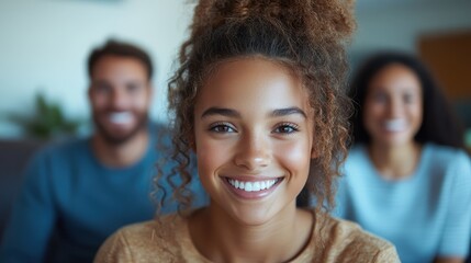 This uplifting image captures a young woman smiling brightly, radiating positivity while two friends share the moment behind, celebrating friendship and connection.