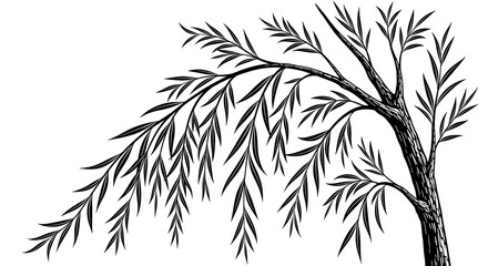 Graceful Willow Branch Vector Illustration &ndash; Elegant Black and White Botanical Silhouette Art
