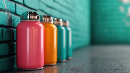 Fototapeta premium This image showcases four vibrant jars in pink, orange, and teal, arranged against a textured turquoise brick wall, highlighting their glossy finishes and modern aesthetic.