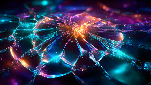 Colorful broken glass background with sharp shards and vibrant reflections