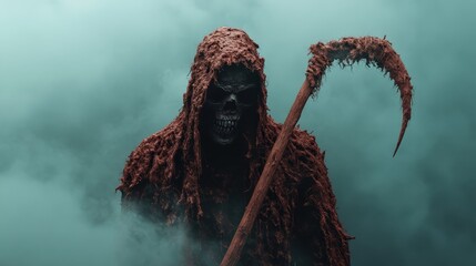 The ominous figure of the Grim Reaper cloaked in tattered robes creates a chilling ambiance, provoking thoughts of mortality and the mystery of life and death.