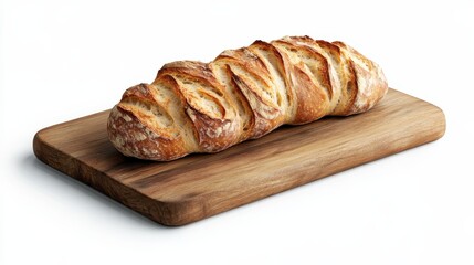 An appealing freshly baked bread loaf sits on a rustic wooden board, showcasing the artisanal craftsmanship and inviting textures that bread enthusiasts adore.