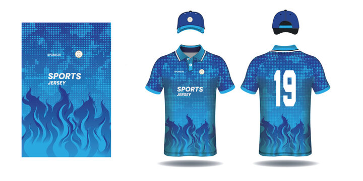 Blue flame sports jersey design with cap mockup