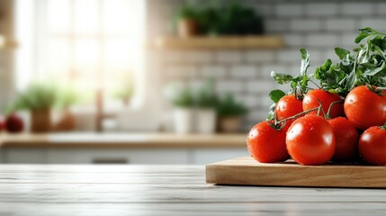 This inviting image showcases a cluster of freshly harvested tomatoes resting on a wooden surface, reflecting the organic beauty of produce and the essence of cooking.