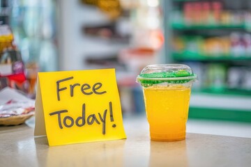 Slurpee cup on counter with handwritten "Free Today!" 