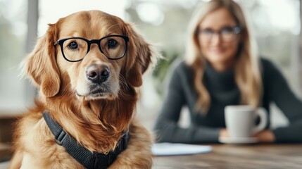 A charming golden retriever wearing glasses sits attentively at a table, while a woman in the background enjoys a cup of coffee, highlighting their bond and playful nature.