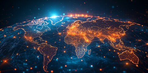 Digital world map with glowing network connections