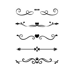 Text dividers with hearts doodle set. Wedding decorative elements. Divider ornament, borders, arrows. Hand drawn vector illustration isolated on white background
